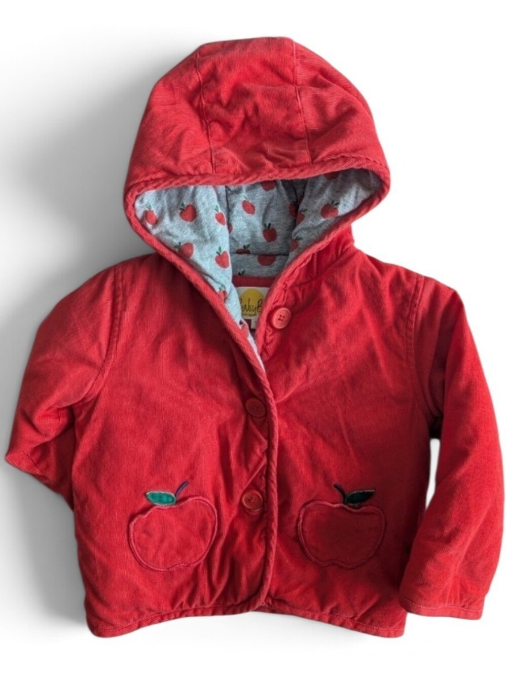 Baby Boden Red Hooded Apple Motif Corduroy Puffer Jacket 12-18M